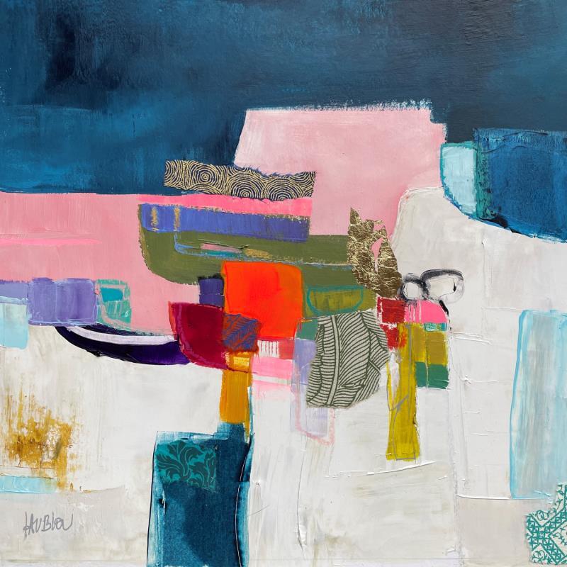 Painting Maisons au bord du lac 1 by Lau Blou | Painting Abstract Landscapes Acrylic Gluing Pastel Gold leaf Paper