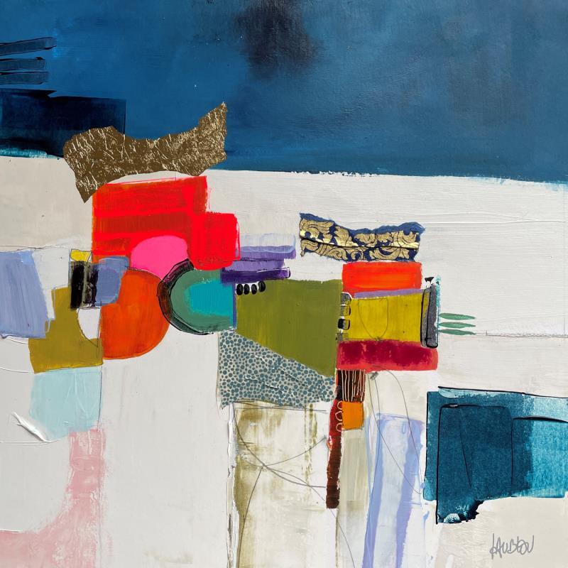 Painting Maisons au bord du lac 2 by Lau Blou | Painting Abstract Landscapes Acrylic Gluing Pastel Gold leaf Paper