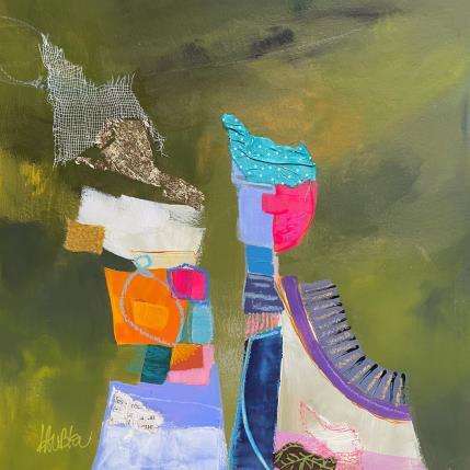 Peinture Révérence d'Angelique par Lau Blou | Tableau Abstrait Acrylique, Collage, Feuille d'or, Papier, Pastel Portraits