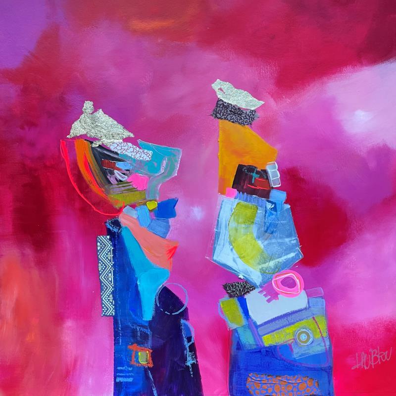 Painting Couple astucieux by Lau Blou | Painting Abstract Portrait Acrylic Gluing Pastel Gold leaf Paper