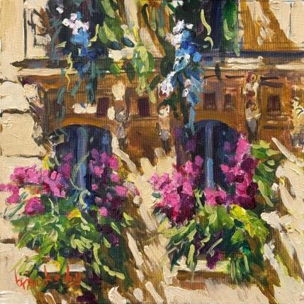 Painting Balcons, fleurs au soleil by Brooksby | Painting Figurative Oil Architecture, Landscapes, Nature, Pop icons