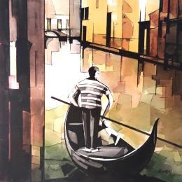 Peinture GONDELIER par Langlois Jean-Luc | Tableau Figuratif Aquarelle Marine