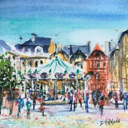 Peinture Troyes Carrousel  par Hoffmann Elisabeth | Tableau Figuratif Aquarelle Urbain
