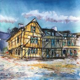 Painting Troyes La maison du Dauphin  by Hoffmann Elisabeth | Painting Figurative Watercolor Urban