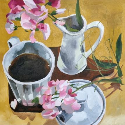 Painting coffee and pink flowers by Ulrich Julia | Painting
