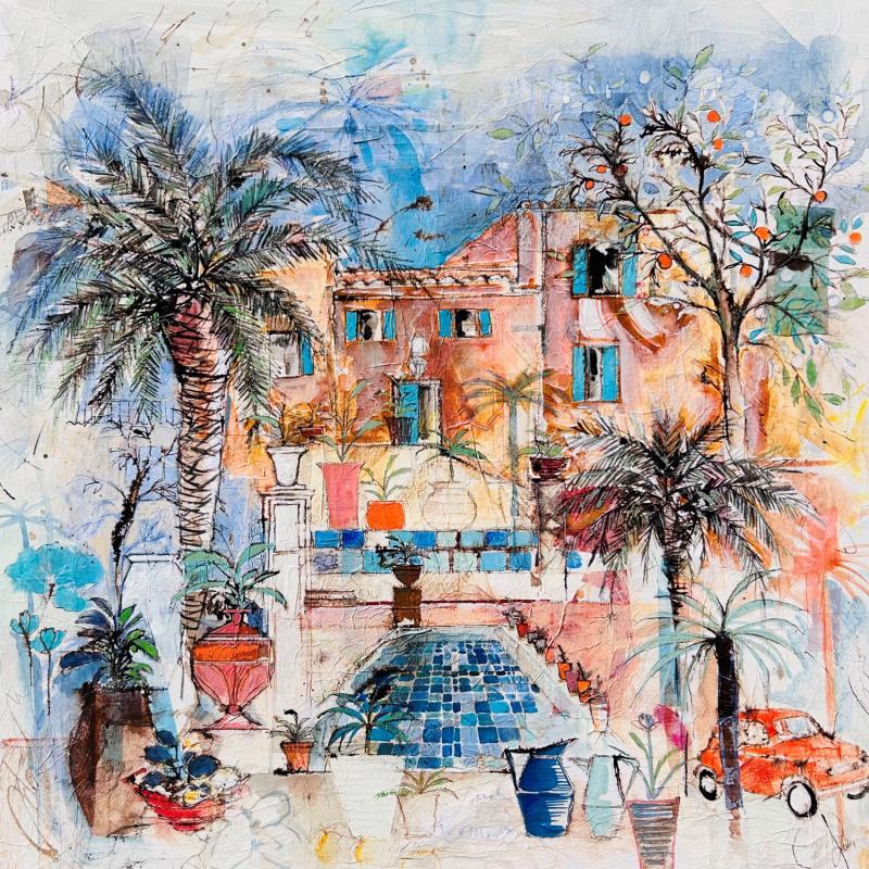 Painting Mosaïque et orangers by Colombo Cécile | Painting Naive art Landscapes Life style Nature Watercolor Acrylic Gluing Ink Pastel