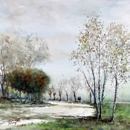 Painting Chemin au bord de la Loire by Gutierrez | Painting Impressionism Watercolor Landscapes
