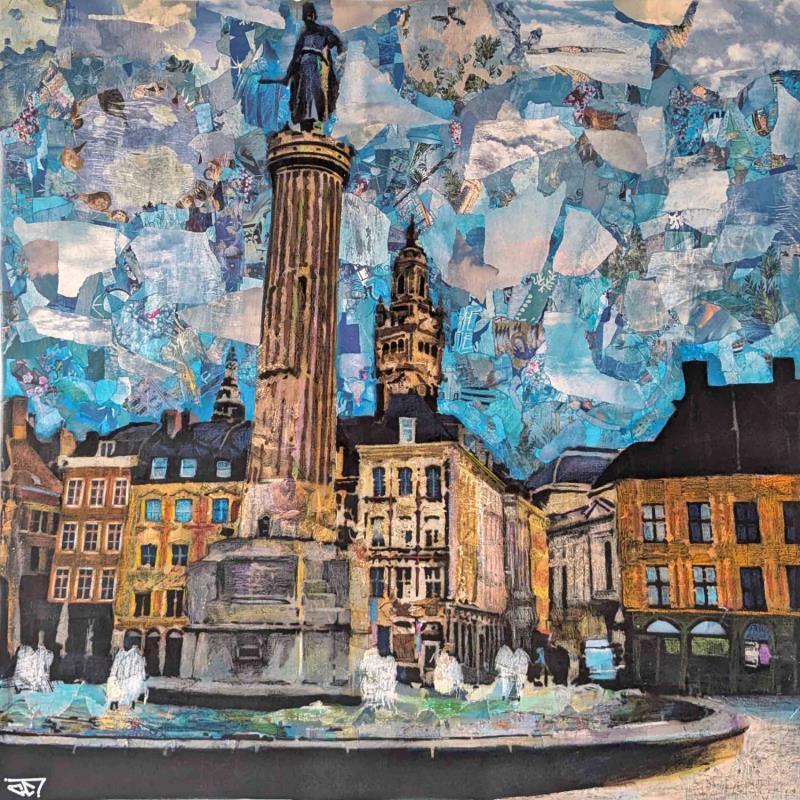Peinture Grand Place de Lille par G.C.Popartist | Tableau Pop-art Paysages Urbain Acrylique Collage Encre Upcycling
