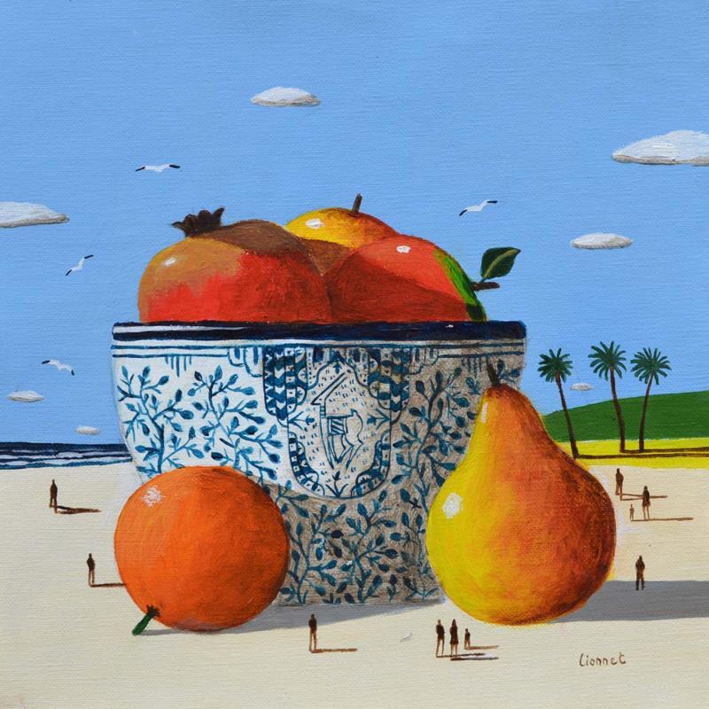 Gemälde Fruits sur la plage von Lionnet Pascal | Gemälde Surrealismus Marine Alltagsszenen Stillleben Acryl