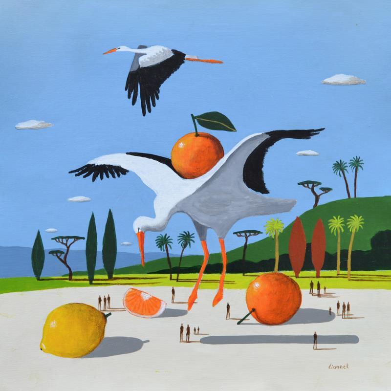 Painting Cigognes by Lionnet Pascal | Painting Surrealism Life style Animals Still-life Acrylic