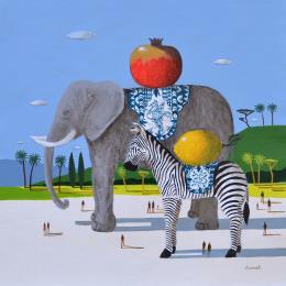 Peinture Eléphant et zèbre par Lionnet Pascal | Tableau Surréalisme Acrylique Animaux, Paysages, Scènes de vie