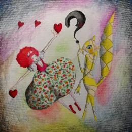 Painting Alice et ses questions by Nai | Painting Surrealism Acrylic, Gluing Animals, Child, Life style, Pop icons