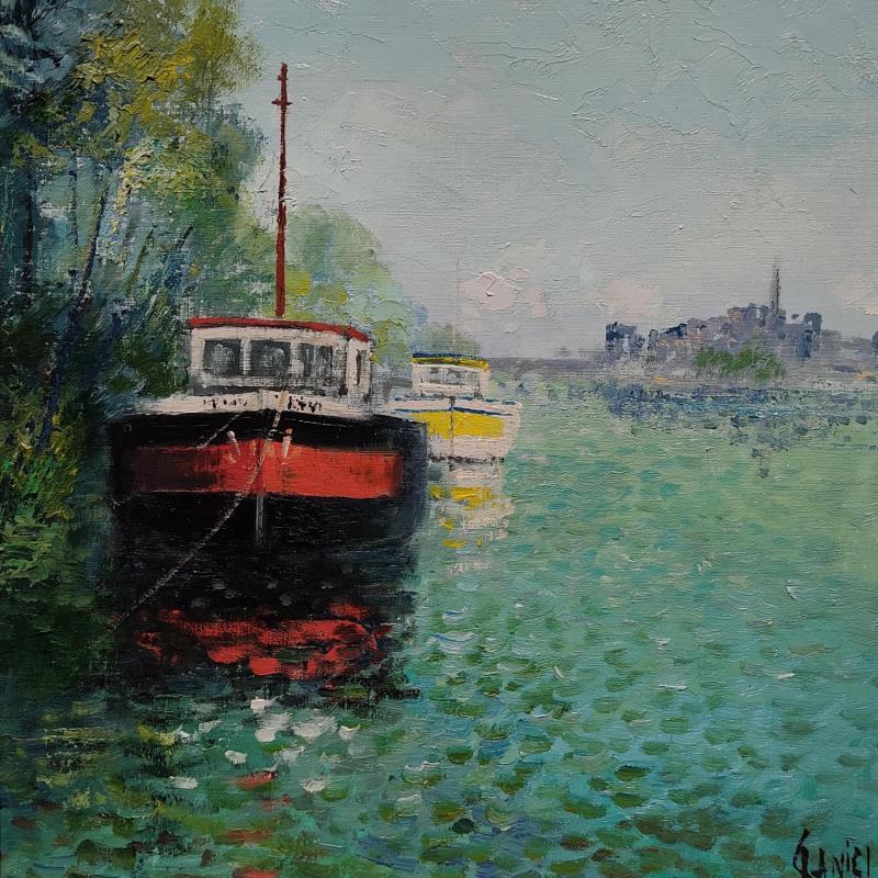 Painting Péniches sur la seine by Sannier Daniel | Painting Impressionism Landscapes Oil