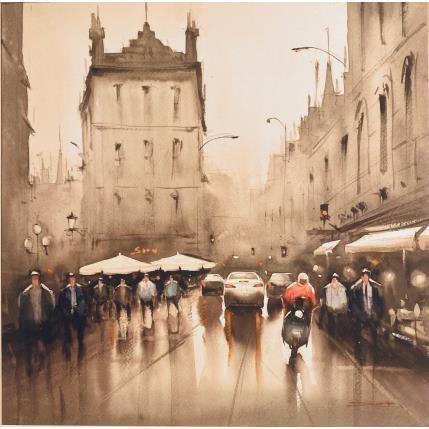 Gemälde Morning traffic near London Bridge Tube von Dandapat Swarup | Gemälde Figurativ Aquarell Urban