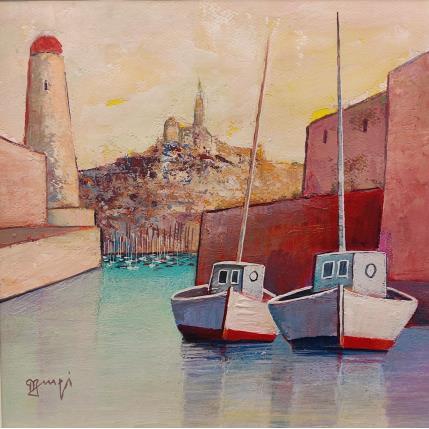 Painting Devant le port AQ142 by Burgi Roger | Painting Figurative Acrylic Landscapes, Marine