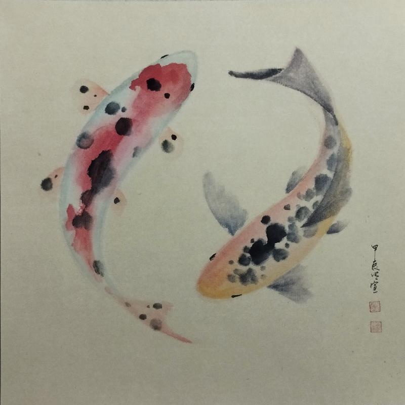 Peinture Carp koi 5 par Du Mingxuan | Tableau Figuratif Marine Animaux Aquarelle Encre