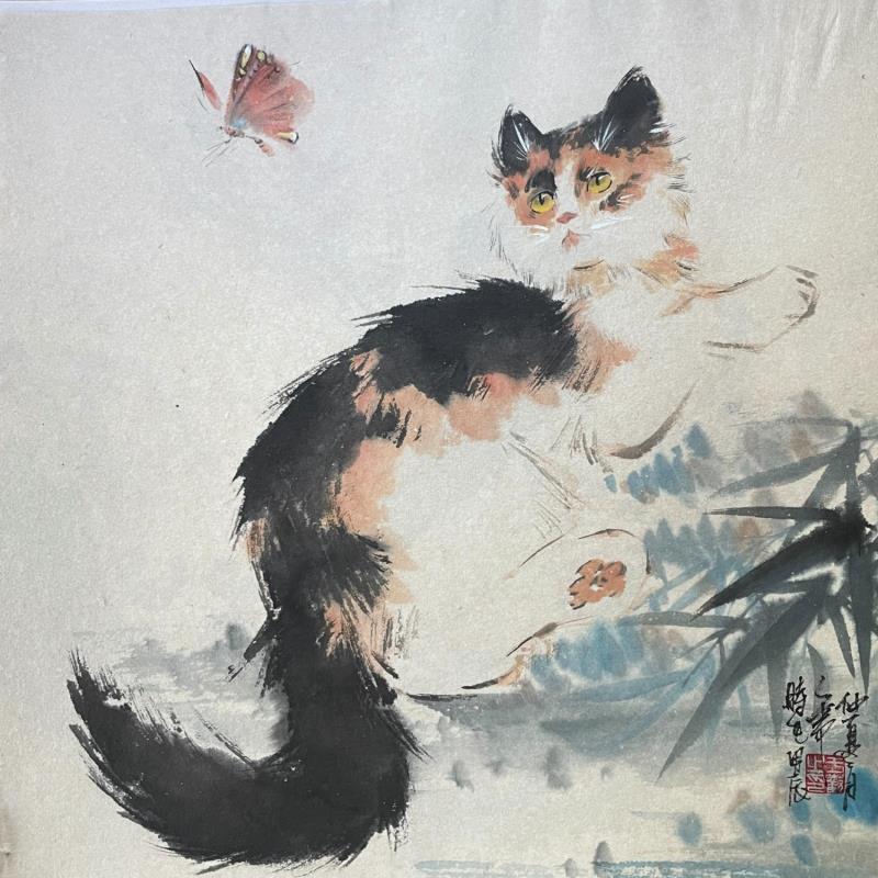 Peinture Cat and butterfly par Yu Huan Huan | Tableau Figuratif Nature Animaux Encre