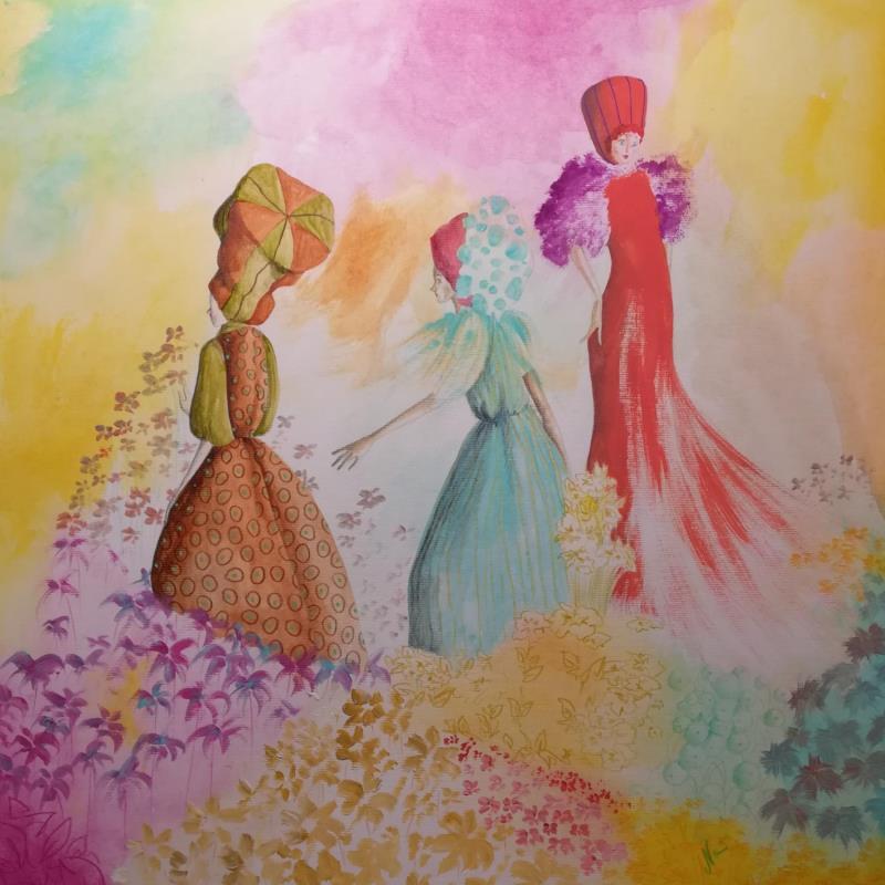 Painting Le donne del moulin rouge camminano tra i fiori by Nai | Painting Surrealism Portrait Music Nature Acrylic Gluing