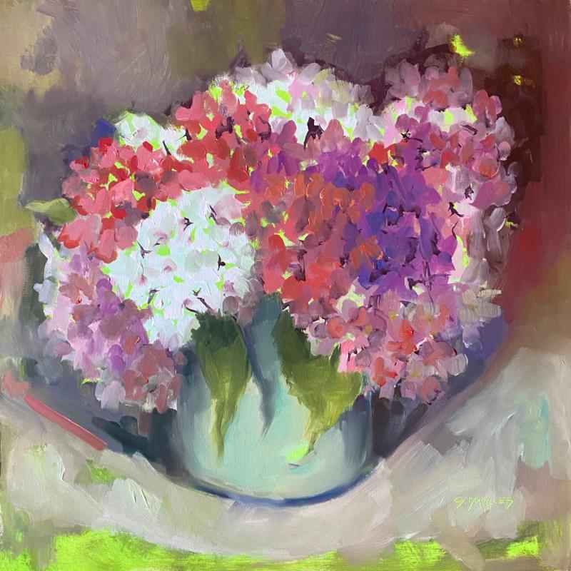 Painting Bouquet hortensias tricolore by Morales Géraldine | Painting Figurative Still-life Oil