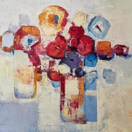 Painting The red flowers by Tomàs | Painting Figurative Oil Still-life