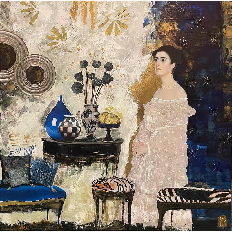 Painting La nuit des étoiles  by Romanelli Karine | Painting Figurative Life style Acrylic Gluing Posca Pastel Gold leaf Paper
