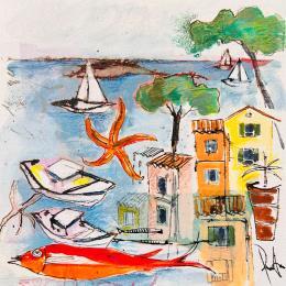 Peinture La danse de l' étoile par Colombo Cécile | Tableau Art naïf Acrylique, Aquarelle, Collage, Encre, Pastel Animaux, Paysages, Scènes de vie