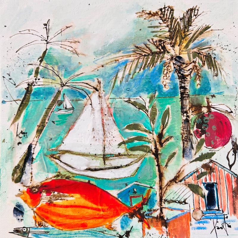 Painting Poisson orange by Colombo Cécile | Painting Naive art Landscapes Nature Life style Watercolor Acrylic Gluing Ink Pastel