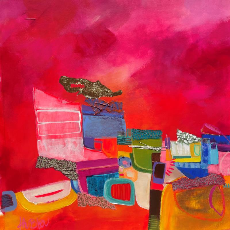 Peinture Maisonnettes de St Martin par Lau Blou | Tableau Abstrait Paysages Acrylique Collage Feuille d'or Papier