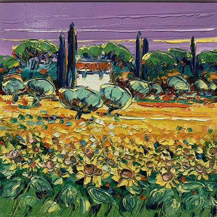 Peinture Provence en tournesols par Corbière Liisa | Tableau Figuratif Huile Paysages