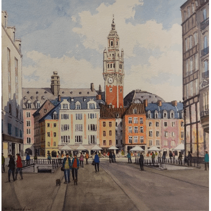 Peinture Lille, en arrivant sur la Grand'Place par Decoudun Jean charles | Tableau Figuratif Aquarelle Urbain