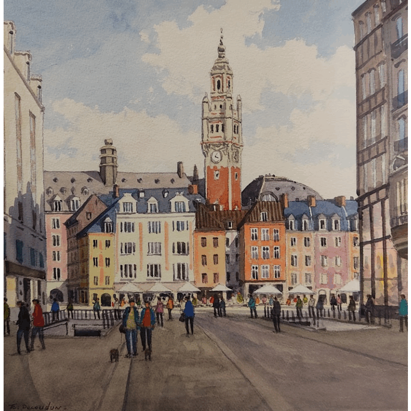 Peinture Lille, en arrivant sur la Grand'Place par Decoudun Jean charles | Tableau Figuratif Urbain Aquarelle