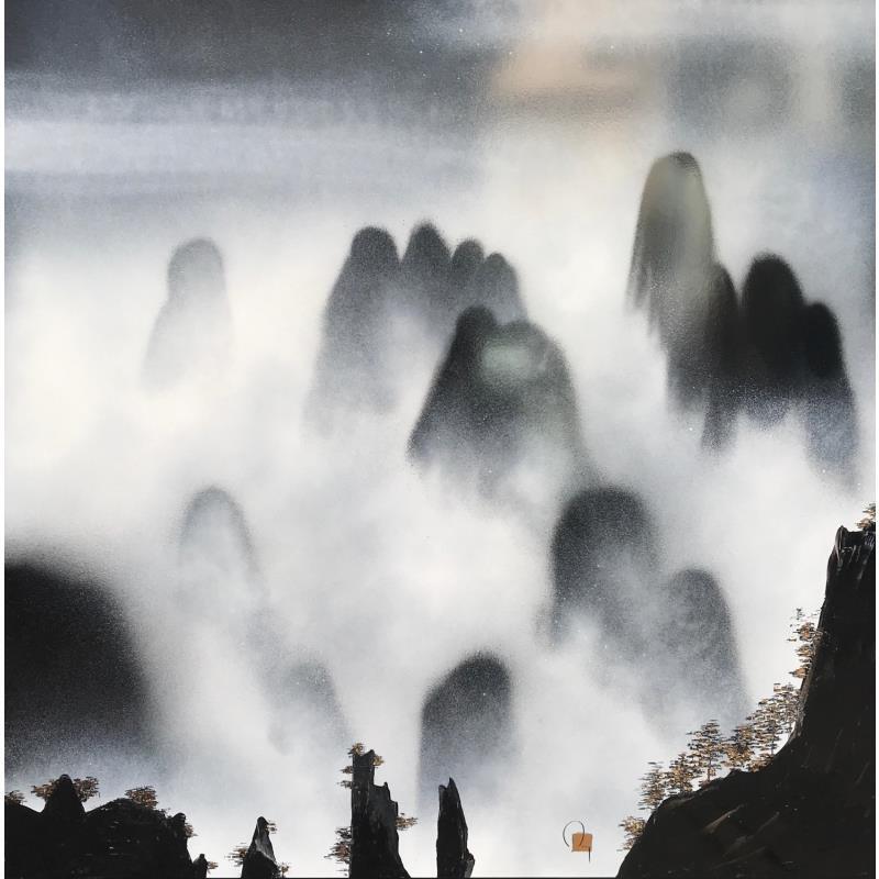 Peinture Misty Moutains par Rey Julien | Tableau Figuratif Feuille d'or