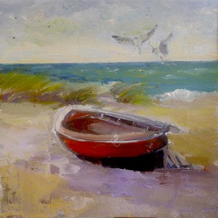 Peinture F1012 Barque Rouge sur le Rivage par Malynovska Iryna | Tableau Impressionnisme Huile Marine