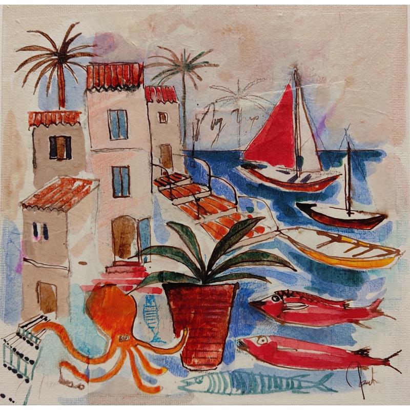 Painting La voile rouge by Colombo Cécile | Painting Naive art Landscapes Life style Architecture Watercolor Acrylic Gluing Ink Pastel