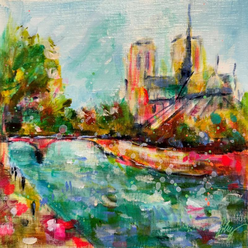 Peinture Swinging Notre Dame  par Solveiga | Tableau Impressionnisme Urbain Scènes de vie Architecture Acrylique