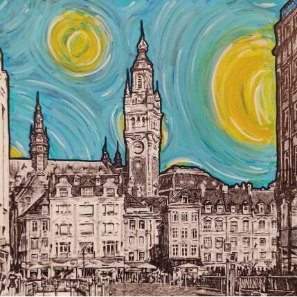 Peinture Lille Nuit Etoilée par André Raphaël | Tableau Figuratif Acrylique Architecture, Urbain