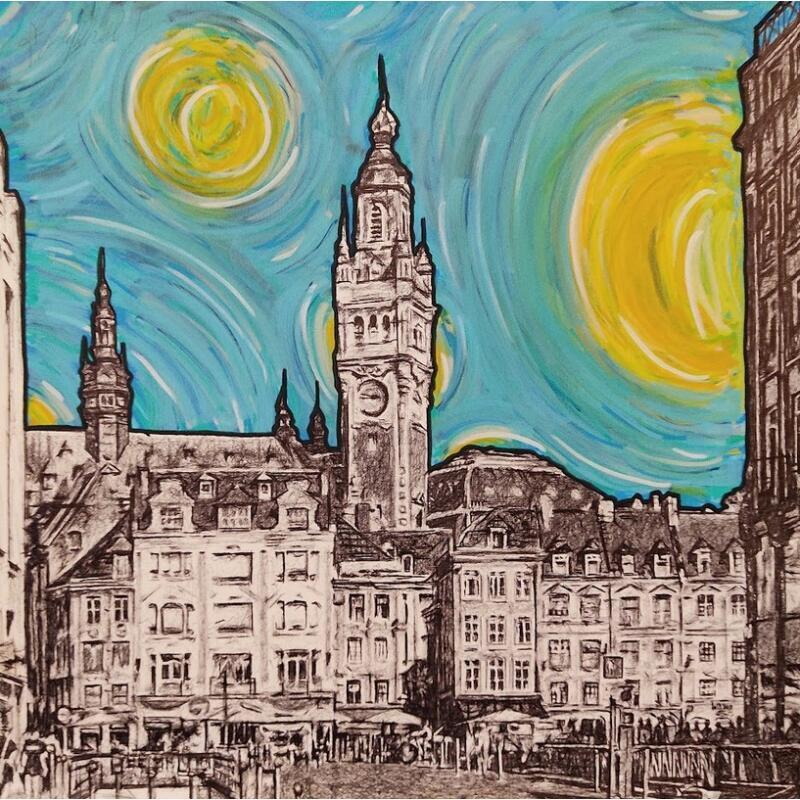 Painting Lille Nuit Etoilée by André Raphaël | Painting Figurative Urban Architecture Acrylic
