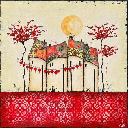 Gemälde Crépuscule écarlate von Blais Delphine | Gemälde Naive Kunst Acryl, Collage