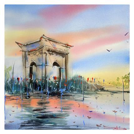 Painting Coucher de soleil sur le Peyrou by Bailly Kévin | Painting Figurative Ink, Watercolor Architecture, Urban