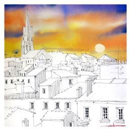 Painting Les toits de Montpellier au coucher de soleil  by Bailly Kévin  | Painting Figurative Ink, Watercolor Architecture, Urban