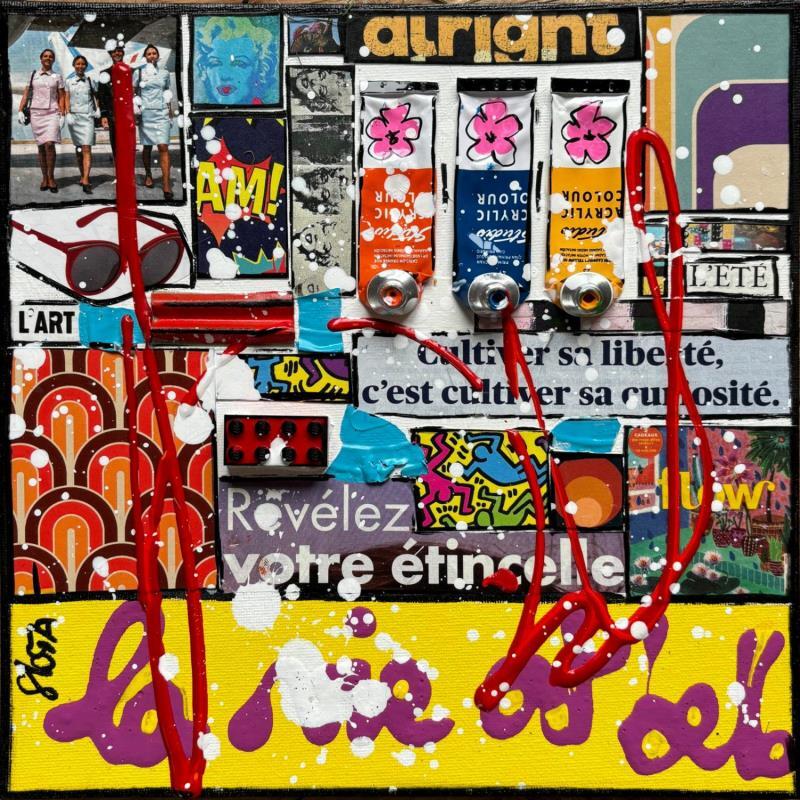 Painting La vie est belle ! (jaune) by Costa Sophie | Painting Pop-art Acrylic Gluing Upcycling