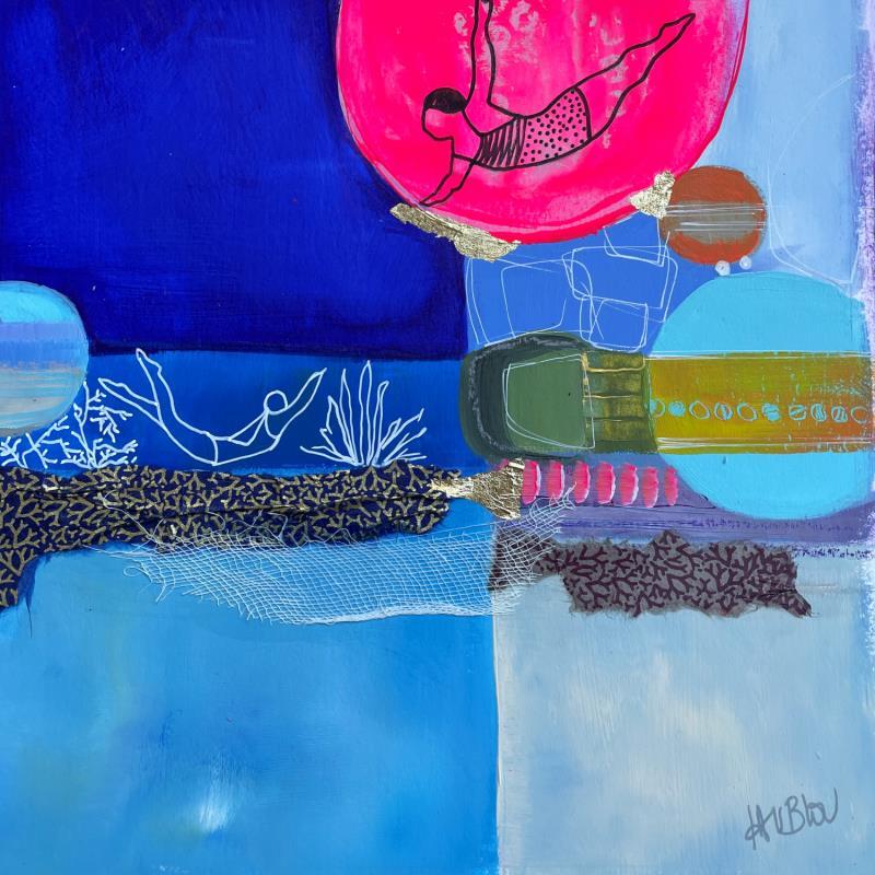 Painting Les plongeuses de la lune rose by Lau Blou | Painting Abstract Acrylic Gluing Gold leaf Paper