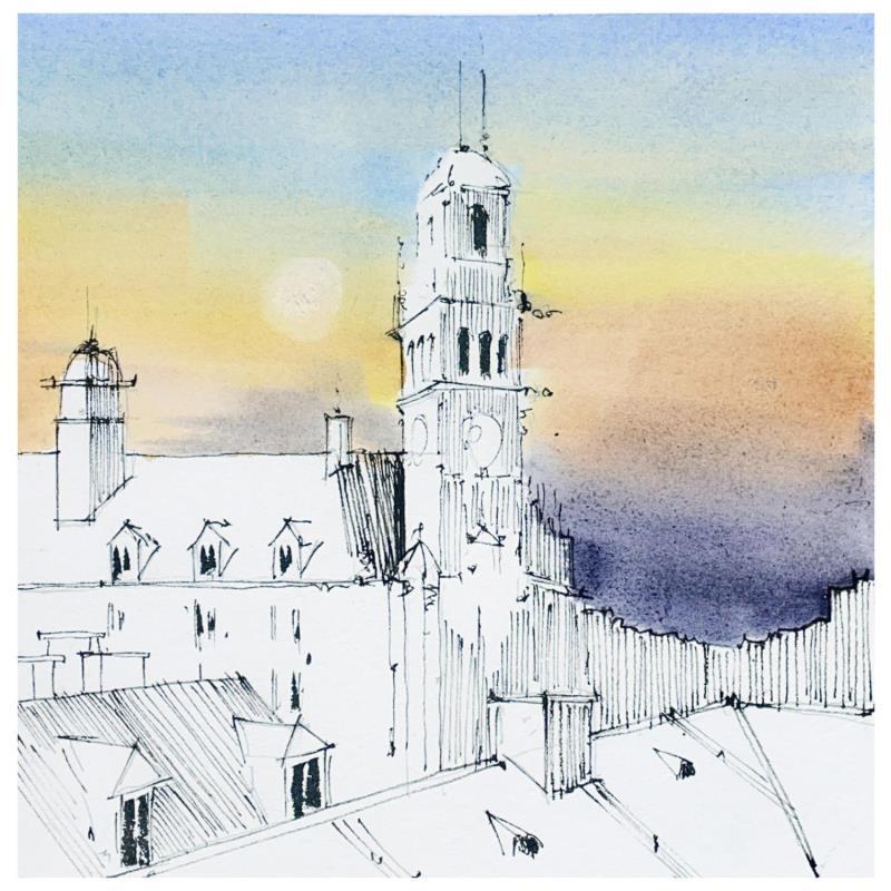 Gemälde Coucher de soleil sur le beffroi von Bailly Kévin  | Gemälde Figurativ Urban Architektur Aquarell Tinte