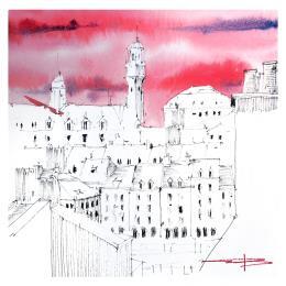 Peinture La Skyline du beffroi de Lille par Bailly Kévin  | Tableau Figuratif Aquarelle, Encre Architecture, Urbain