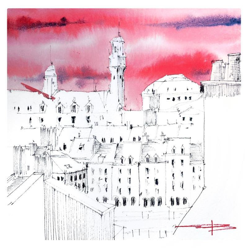 Peinture La Skyline du beffroi de Lille par Bailly Kévin  | Tableau Figuratif Urbain Architecture Aquarelle Encre