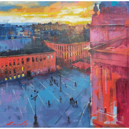 Peinture Soleil couchant sur la Grand'Place par Man Kwon Young | Tableau