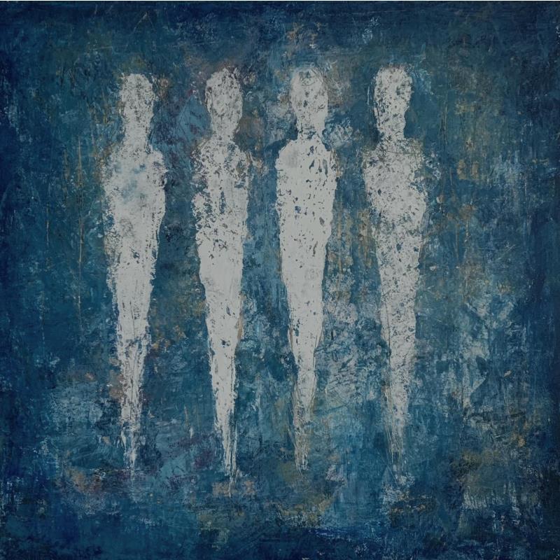 Peinture Les êtres d'azur par Rocco Sophie | Tableau Art Singulier Acrylique Collage Sable