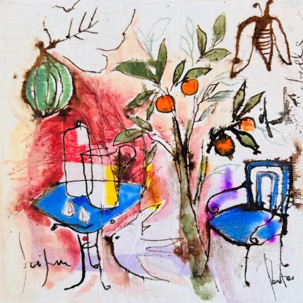 Painting L' oiseau et l' abeille by Colombo Cécile | Painting Naive art Acrylic, Gluing, Ink, Pastel, Watercolor Landscapes