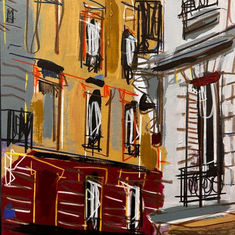 Painting La nuit sonne à notre façade by Anicet Olivier | Painting Figurative Urban Architecture Acrylic Pastel