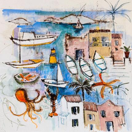 Peinture Regard sur Malmousque par Colombo Cécile | Tableau Art naïf Acrylique, Aquarelle, Collage, Encre, Pastel Marine, Nature, Paysages